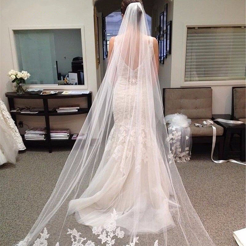 Фата свадебная длиной 3 м, с кружевной аппликацией, фата для невесты, длинная, белый/цвет слоновой кости, 2022