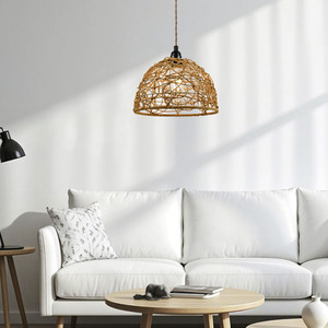 Lámpara colgante redonda de ratán tejida a mano con LED E27 para decoración del hogar y hoteles - Product Image 1