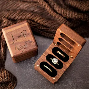 Boîte à bagues <span class=keywords><strong>en</strong></span> <span class=keywords><strong>bois</strong></span> de noyer avec logo personnalisé gratuit, présentoir à <span class=keywords><strong>bijoux</strong></span> pour proposition, fiançailles, mariage, anniversaire, conception gravée - Product Image 2