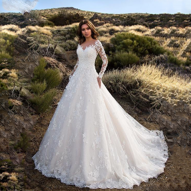 knee length dresses for ladies Sweetheart Long Sleeves Wedding Dress with Lace Appliques Sweep Train A-Line Bridal Gowns White / US4 main image 1