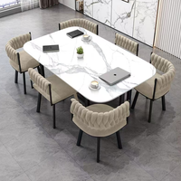 Ensemble de table à manger moderne en pierre frittée pour 6 personnes avec chaises rembourrées en rotin jaune - Meubles de salle à manger écologiques et durables pour la maison