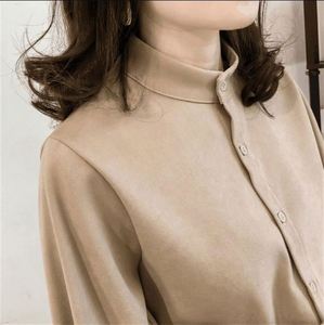 Camisas Femininas Coreanas com Gola Alta e Botões, Manga Longa Bufante, Cor Sólida, Soltas, Tamanhos Grandes, Blusa Casual - Product Image 4