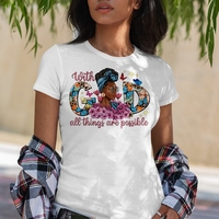 Avec Dieu, toutes choses sont possibles Afro Girl DTF Impression par transfert Autocollant thermique pour vêtement Applique Prêt à presser Livraison gratuite