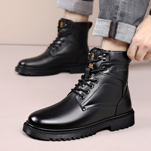 Men's <b>Black</b> Leather Winter Boots Mid-Calf Anti-Slip Rubber Sole <b>Low</b> <b>Heel</b> Snow Boots - Product Image 1