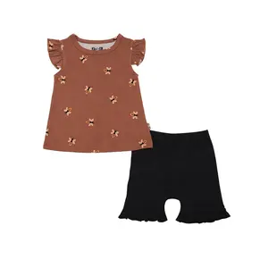 Conjunto de ropa de bebé de bambú de verano unisex, 2 uds., Jersey, mameluco superior con cierre de cuello redondo, diseños de impresión personalizados, ropa de día sin mangas