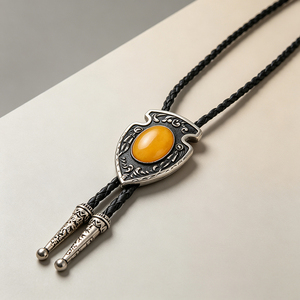 Bolo Tie Western Vintage pour Homme, avec Pendentif Flèche et Bouclier en Pierre d'Ambre, en Métal Gravé, Cordon en Cuir Tressé, Bijou Décontracté pour Chemise - Product Image 2