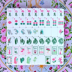 Fichas de Mahjong Americanas Personalizadas con Ilustración de Plantas en Contraste Rosa y Verde, Estilo Selva Tropical, para Fiestas de Amigas - Product Image 4