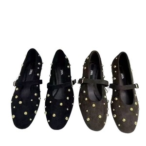 ZA Espagne 2026 Nouvelle Collection Été – Ballerines Respirantes à Bride Unique, Bout Rond, Rivets, en Daim Noir et Marron pour Femme - Product Image 5