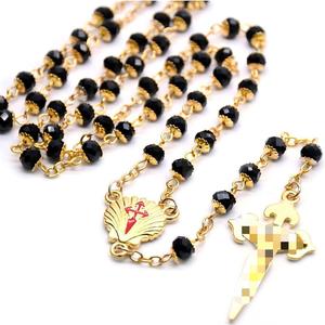 Collier chapelet en or et cristal noir, croix de Santiago, bijoux religieux, cadeau unisexe 4x6mm - Product Image 2