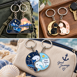 Llaveros de Pareja Personalizados de Esmalte, Diseño de Gato y Ballena Montaña Entrelazados, Llaveros a Juego con Forma de Corazón, Diseño de Dibujos Animados, Material de Aleación de Zinc - Product Image 2