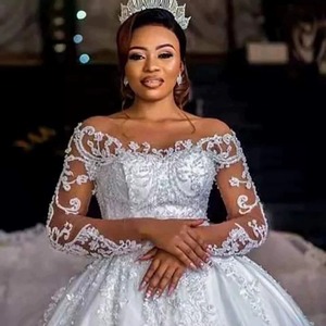 Off-Shoulder Lace Ball Gown Wedding Dress White Long Sleeves Embroidery Empire Waistline Full Train - Product Image 1