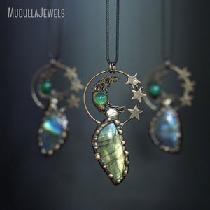 NM48695 joyería soldada piedra preciosa Natural <span class=keywords><strong>verde</strong></span> Aventurina <span class=keywords><strong>Luna</strong></span> y estrella collar de cuerda de cuero antiguo bronce plateado Boho regalo - Product Image 1