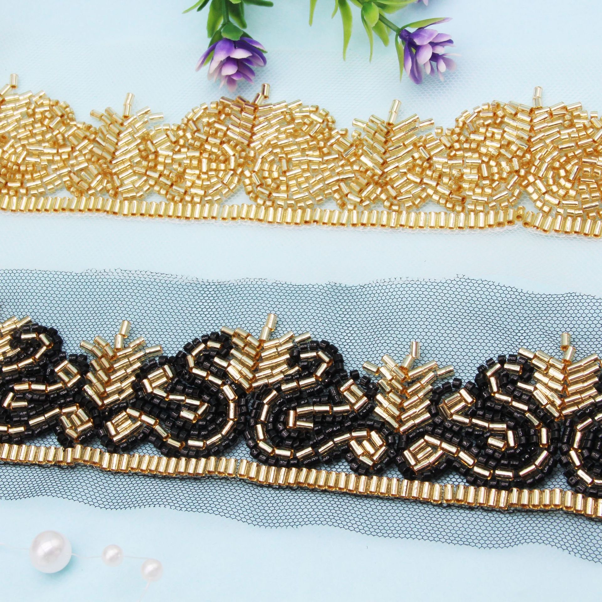 Wholesale Gold Black Flower Beaded Lace Trims Embroidery Ribbon Rice Glass  Beads Trimming DIY Women Dress Accessories| Alibaba.com