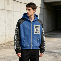 OEM Sweat à capuche zippé pour homme, délavé à l'acide, patchwork, strass, coupe oversize et carrée, broderie et imprimé graphique