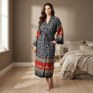 Al por mayor ODM Túnicas Kimono de Nylon Ecológicas Casuales Bohemias con Cuello en V, Motivo de Ciervo, Largas hasta el Suelo, Prendas de Abrigo para Uso Diario con Botones Estampados - Product Image 1
