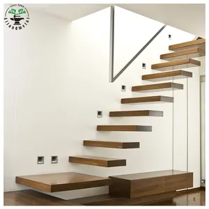 现代室内直木制浮动楼梯，带钢化玻璃面板栏杆