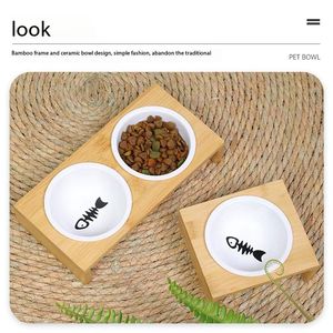 Bol à nourriture pour petits animaux, chiots, chats, animaux de compagnie, double/simple, en céramique, avec support en bambou, matériau sain pour les mangeoires pour chats et chiens - Product Image 4