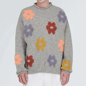 소량 주문 수락 면 제조 남성 스웨터 맞춤형 청키 아플리케 패턴 자카드 니트 스웨터 남성 풀오버