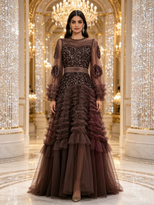 <span class=keywords><strong>Abito</strong></span> da sera <span class=keywords><strong>lungo</strong></span> con perline e paillettes, in <span class=keywords><strong>tulle</strong></span> a balze, con maniche a lanterna lunghe e collo alto arricciato, lunghezza maxi, per feste formali - Product Image 2