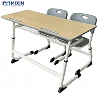 Muebles de Aula Ajustables, Escritorio y Silla Escolar para 2 Personas, Escritorio Escolar Doble para Estudiantes Universitarios, Mesa Escolar de Acero y Madera