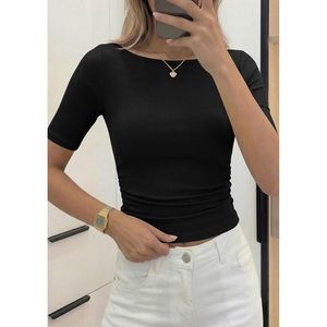 Camiseta de Verano para Mujer, Manga Corta, Cuello Barco, Tejido Acanalado, Corte Ajustado, Diseño Fruncido, Ropa Casual Básica Primavera 2026 - Product Image 2