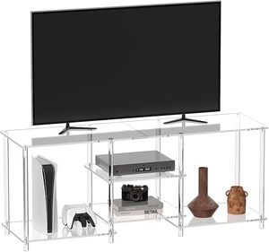 Mesa de consola central de entretenimiento transparente de 3 niveles acrílica de 55 pulgadas, estantes de almacenamiento abiertos, soporte de TV de 55,1 ''L X 15,7' 'W X 22,4 ''H para - Product Image 1