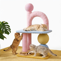 Arbre à chat multifonctionnel grand format avec griffoir en carton, double jouet à bille, perchoir et lit, gain de place pour animaux d'intérieur