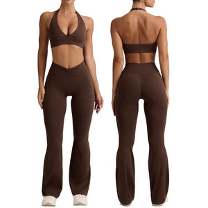 Ensemble soutien-gorge et pantalon évasé de yoga pour femme, taille haute, coupe en V, dos nu, avec compression Spandex/Nylon pour l'entraînement et le fitness - Product Image 1