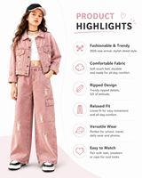 Conjunto de Chaqueta Vaquera Rosa y Jeans Anchos Rotos para Niñas Grandes 2026, Pantalones Cargo Lavados, 2 Piezas, Atuendo Urbano Moderno para Adolescentes