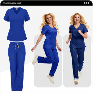 Women V-Neck <b>Scrub</b> Set <b>Blue</b> Two Piece Uniform With Zipper Pockets Moisture Wicking Knitted Fabric Hospital Workwear - Product Image 4