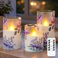 Lot de 3 bougies pilier sans flamme à minuterie, 3" x 4" x 5" x 6", LED à piles, fleurs violettes, verre, lumière chaude, Diwali