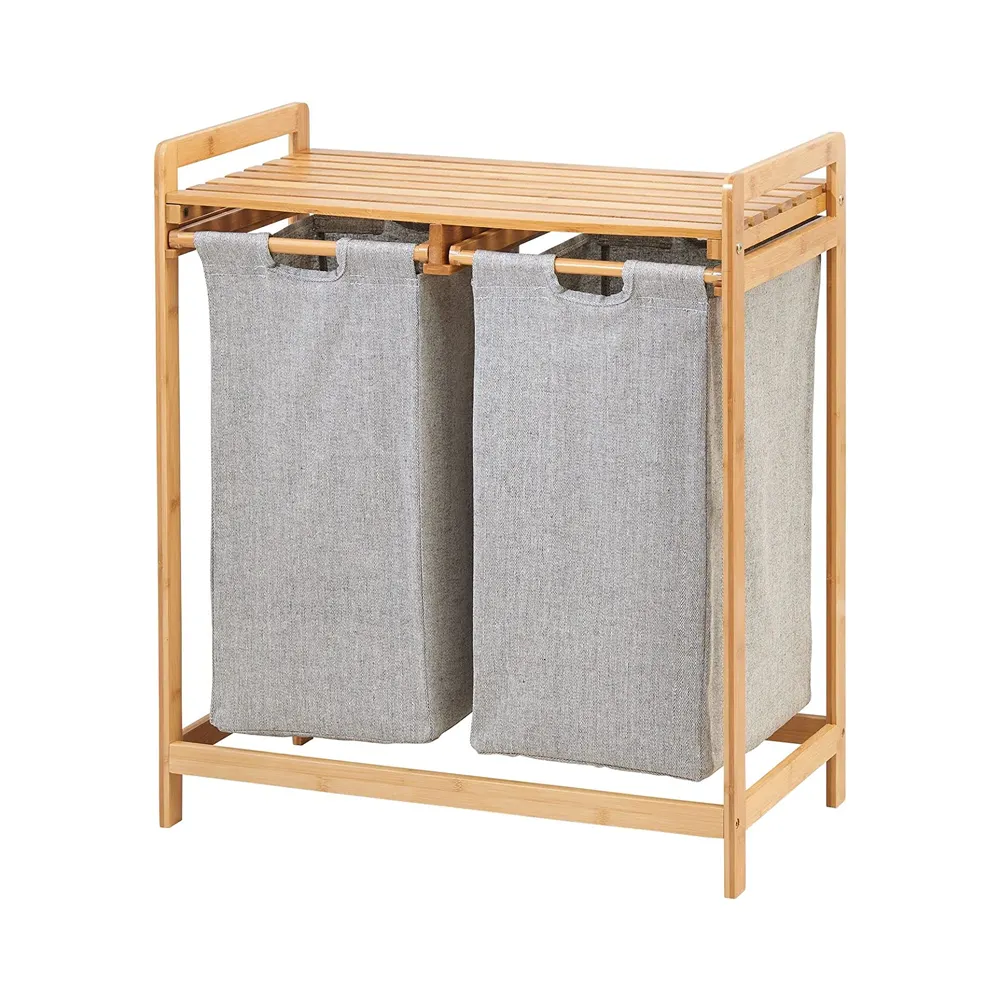 2 bölüm bağımsız çift çamaşır sepeti ile sökülebilir depolama sıralama çantası yerden tasarruf sağlar bambu depolama sepeti