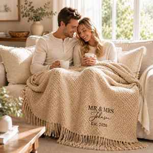 Custom Embroidered Knitted <b>Throw</b> Blanket with Name & Date, Textured Knit <b>Sofa</b> Blanket with Elegant Tassel Fringe, Wedding Gift - Product Image 4