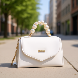 Bolso de Hombro para Mujer Fana Linda Bera, Cuero Blanco, Decoración de Cadena de Perlas, Estilo Moderno, Cierre de Cremallera, Verano Invierno - Product Image 2