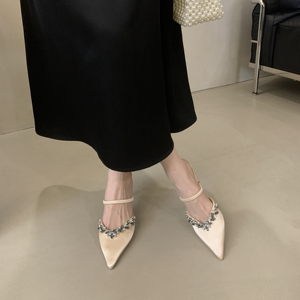 2024 New Pointed Rhinestone High-heeled Champagne-colored Sandals Half-tow Outer Wear Women's in Stock 35-40 - Product Image 5