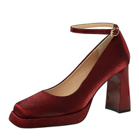 Sepatu Guli Square Toe One-Strap Mary Jane Hak Tipis Gesper Sutra Slip-On Platform Hak Sedang Musim Semi Musim Panas Musim Gugur Tren Fashion Karet