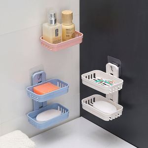 Caja de plástico de doble capa, creativa, moderna y sostenible, estante de baño sin perforaciones con pegatina, jabonera montada en la pared - Product Image 2