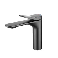 Robinet de lavabo moderne minimaliste à poignée unique avec cartouche céramique, eau froide et chaude, finition or brossé et gris anthracite