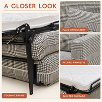 Canapé-lit pliable à carreaux avec accoudoirs carrés rembourrés et matelas blanc intégré pour appartement scandinave