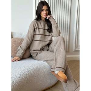 Conjunto de Suéter de Punto Acrílico Beige Informal para Mujer JOYSONS, Manga Larga, Pantalones a Rayas a Juego, 320g, Lavable, para Todas las Temporadas - Product Image 2