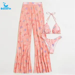 Custom Women's Elegant Swimwear Matching Sarong Pareo Matching Bikini Long Trousers Ladies's Printed Skirt