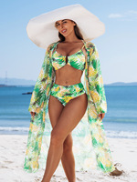 PASUXI Maillot de Bain Chaud 3 Pièces Imprimé Floral Bandage Femme avec Robe de Plage Jaune