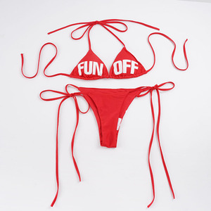 Conjunto de bikini de dos piezas con estampado de letras sexy, cuello en V, halter y lazos laterales, ideal para vacaciones de verano, traje de baño triangular de moda para chica, perfecto para la playa. - Product Image 6