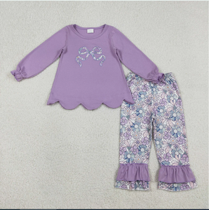 Conjunto de Ropa para Niñas GLP3019, Blusa Morada con Bordado de Lazo y Flores, Pantalones con Volantes - Product Image 5