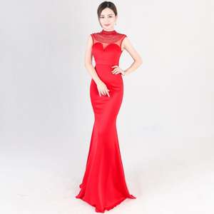 Robe longue de soirée en coton <span class=keywords><strong>bleu</strong></span> à perles, col rond, sans manches, coupe poisson, pour femmes - Product Image 3