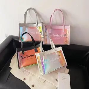 Bolsa de viaje pequeña a prueba de agua personalizada, organizador transparente de belleza holográfica, bolsa de cosméticos de maquillaje transparente