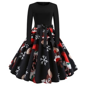 New Arrival Women's Vintage Print Long Sleeve Christmas Evening Party Swing Dress Festa Clothing Winter <strong>Clothes</strong> Black Dress - Product Image 3