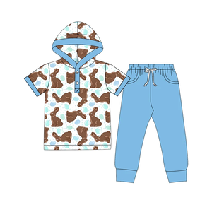 Conjunto de Pantalones Largos Azules Sólidos y Camiseta de Manga Corta para Bebés, Estilo Pascua - Product Image 4
