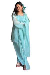 Ensemble Salwar Kameez Traditionnel en Soie Croquante pour Femme avec Kurti Élégant à Manches Longues et Palazzo à Jambes Larges, Écologique et Séchage Rapide - Product Image 4