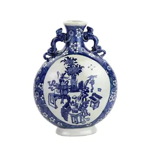 RYWD25 cina antico blu e bianco Bogu doppio orecchio piatto porcellana ceramica vaso